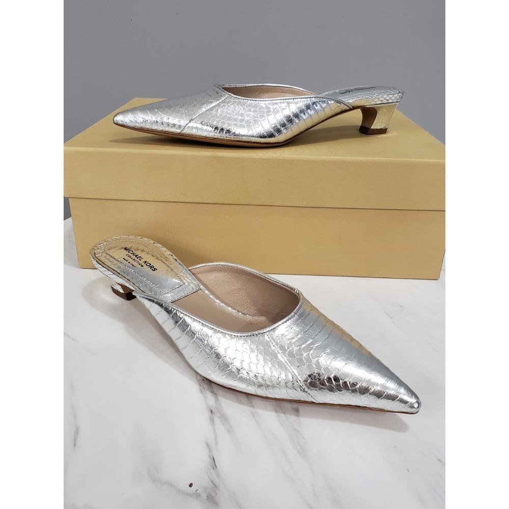 NEW Michael Kors Collection Calista Silver Metallic Snake Print Mule Kitten Heel